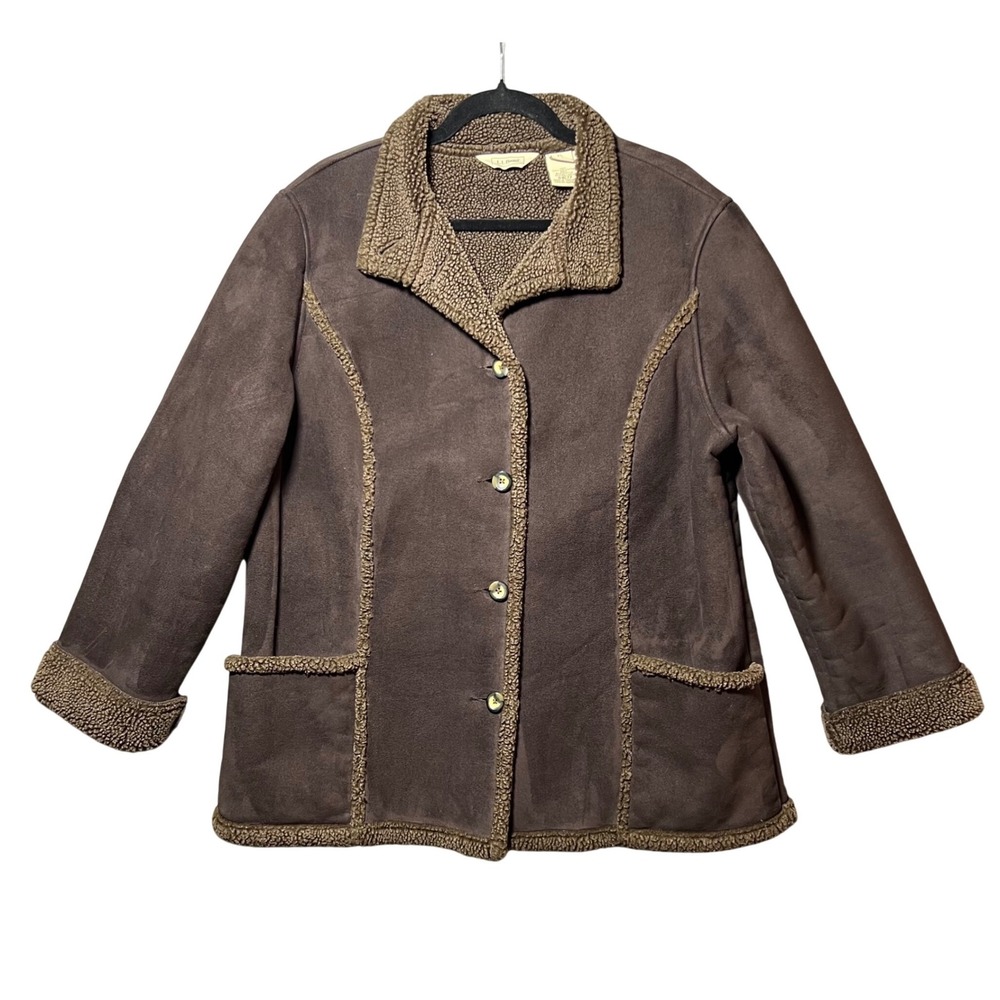 Vintage 90s LL Bean Ranch Barn Coat XL Petite Brown Faux Suede Shearling Sherpa